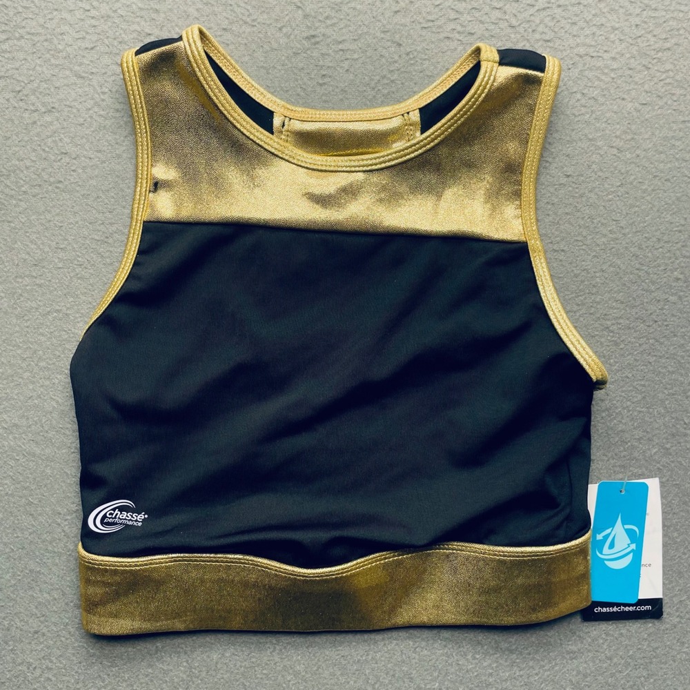 Chasse Women Cheer Crop Top Black Gold Metallic Small Athletic Performance